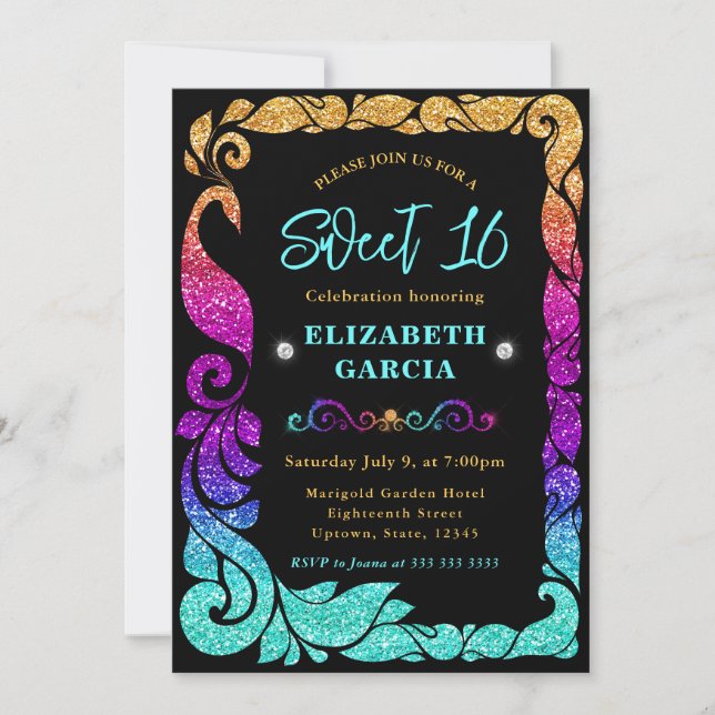 Invitación Gradiente de Arcoíris Glam Glitter Pavo Real Dulce (Anverso)