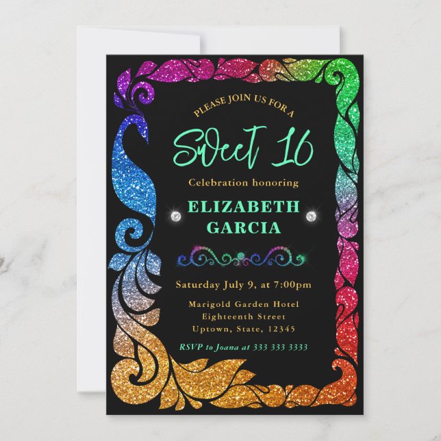 Invitación Gradiente de Arcoíris Glam Glitter Pavo Real Dulce (Anverso)