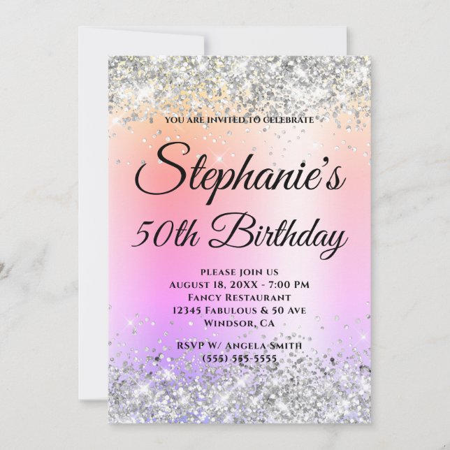 Invitación Gradiente de arcoiris pastel Purpurina plateado (Anverso)