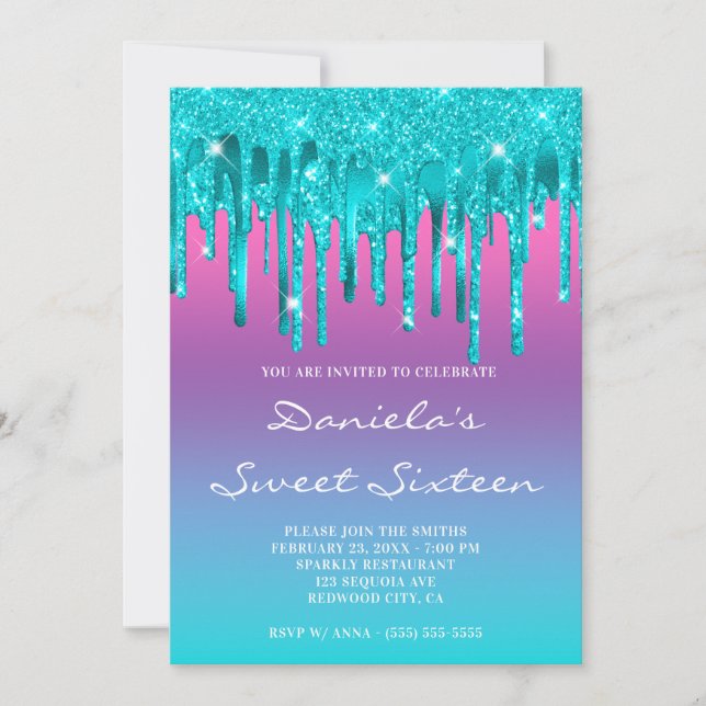 Invitación Gradiente de Azul a Morado Rosa Goteo Cumpleaños D (Anverso)