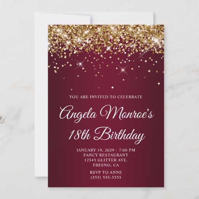 Invitación Gradiente de Borgoña con Brillo Dorado Cumpleaños  (Anverso)