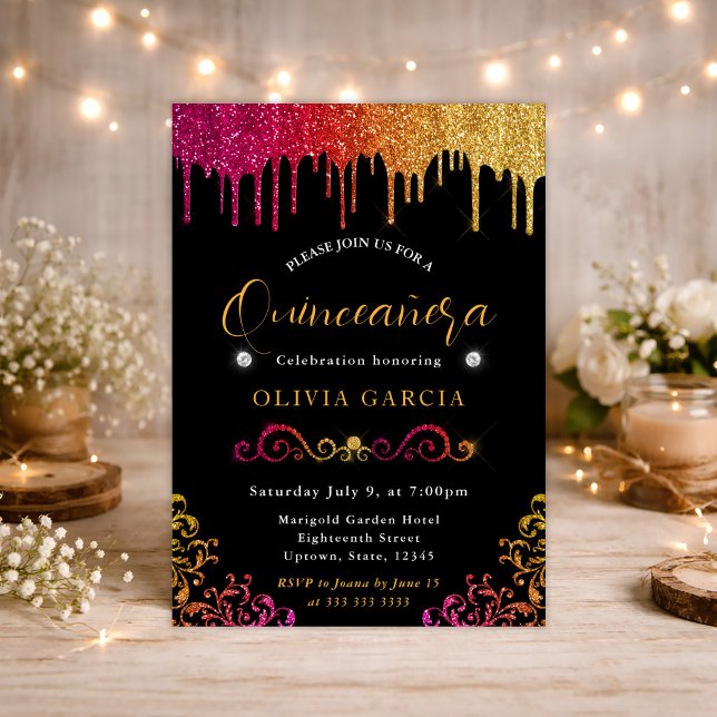 Invitación Gradiente de brillo amarillo y rosa Glam Quinceañe (Subido por el creador)