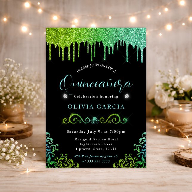 Invitación Gradiente de Brillo Verde y Azul Glam Quinceañera (Subido por el creador)