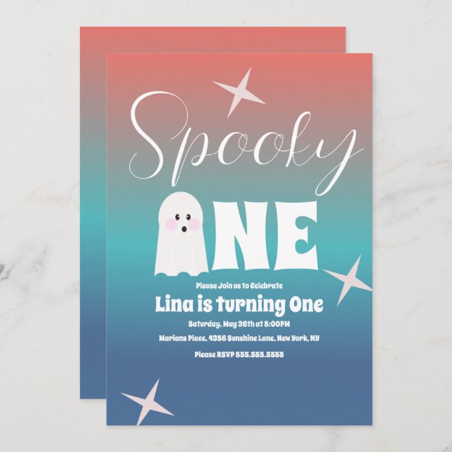 Invitación Gradiente de cumpleaños Groovy Ghost Halloween (Anverso / Reverso)