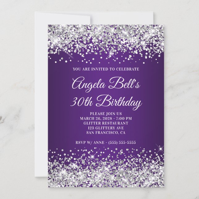 Invitación Gradiente de Purpura Real con Brillo Plateado Cump (Anverso)