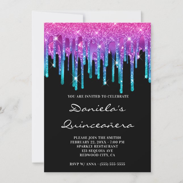 Invitación Gradiente de Rosa Brillante Turquesa con Goteo en  (Anverso)