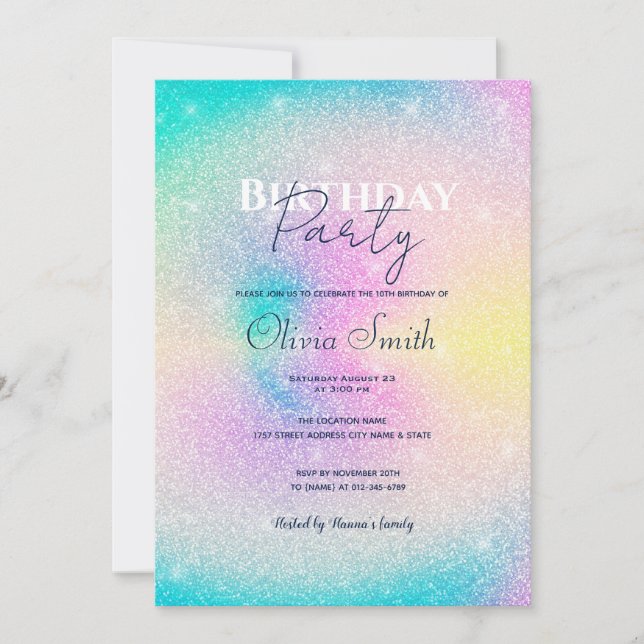 Invitación Gradiente del Purpurina del arcoiris del Pastel (Anverso)