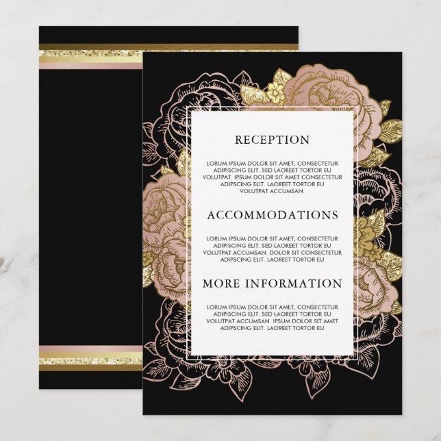 Invitación Gradiente dorado y Purpurina | Rosa Invitado Flora (Anverso / Reverso)