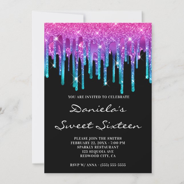 Invitación Gradiente Goteo Rosa Turquesa Brillante Cumpleaños (Anverso)