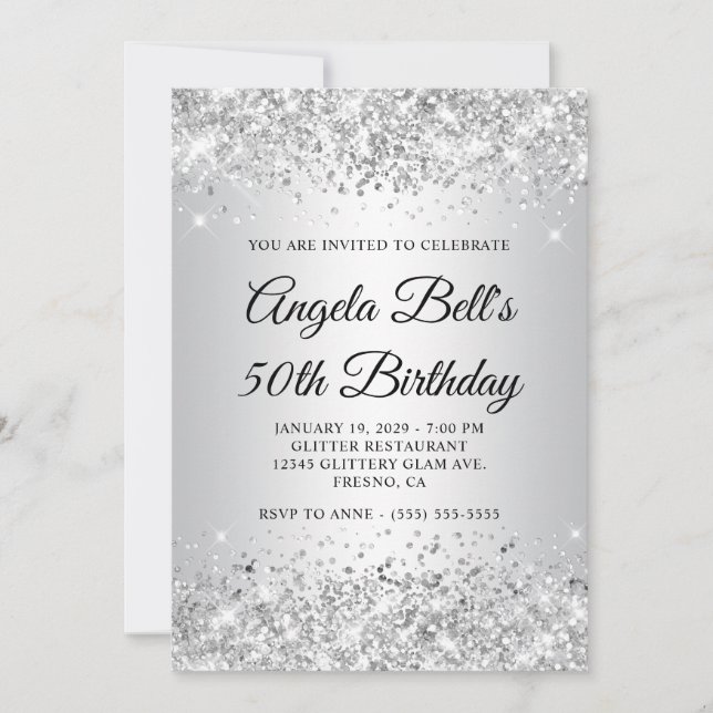 Invitación Gradiente Plateado Brillante Cumpleaños 50 (Anverso)