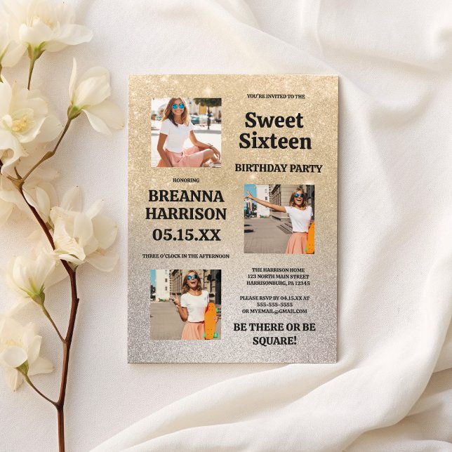 Invitación Gradiente purpurina de plata de oro de lujo Foto S (Luxury gold silver glitter gradient Photo Sweet 16)