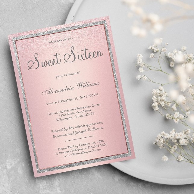 Invitación Gradiente purpurina de plata rosa dorado rosa dulc (Glam gold silver glitter confetti Photo Sweet 16 m)