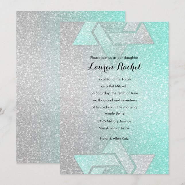 Invitación Gradiente Purpurinoso Bat Mitzvah Aqua (Anverso / Reverso)