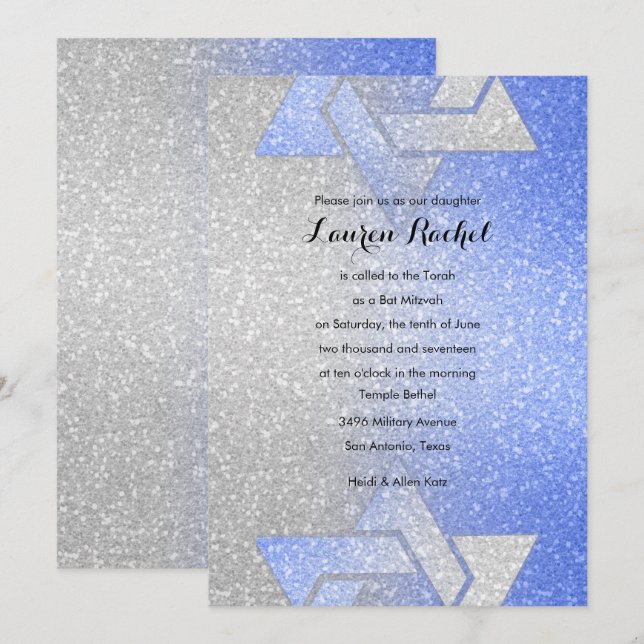 Invitación Gradiente Purpurinoso Bat Mitzvah Blue (Anverso / Reverso)