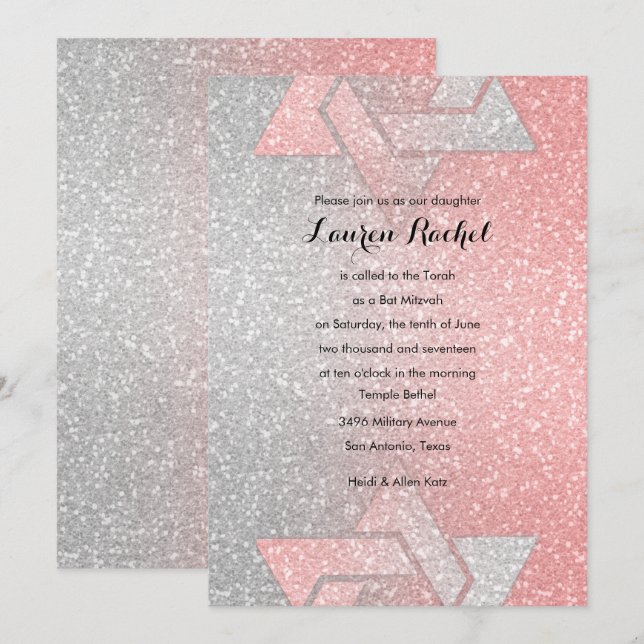 Invitación Gradiente Purpurinoso Bat Mitzvah Coral (Anverso / Reverso)