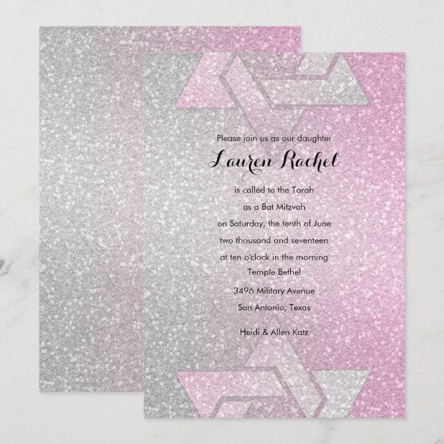 Invitación Gradiente Purpurinoso Bat Mitzvah Rosa (Anverso / Reverso)