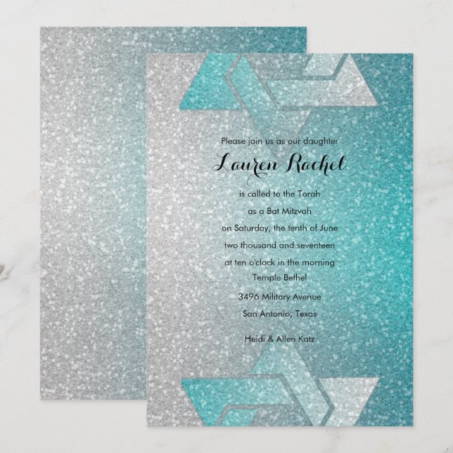 Invitación Gradiente Purpurinoso Bat Mitzvah Turquoise (Anverso / Reverso)