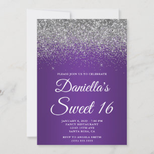 Invitación Gradiente Real Púrpura Brillo Plateado Cumpleaños 