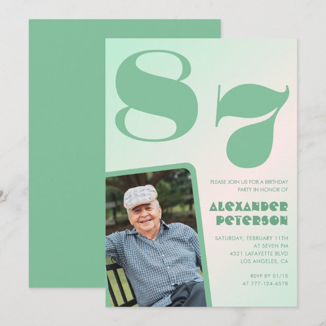 Invitación Gradiente Retro para él Foto 87 cumpleaños (Anverso / Reverso)