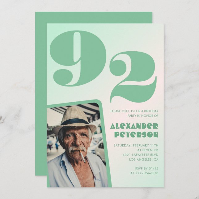 Invitación Gradiente retro para él Foto 92 cumpleaños (Anverso / Reverso)