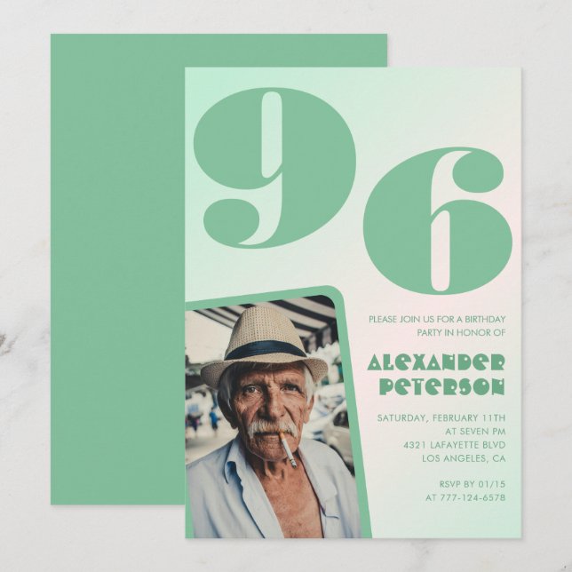 Invitación Gradiente Retro para él Foto 96 cumpleaños (Anverso / Reverso)