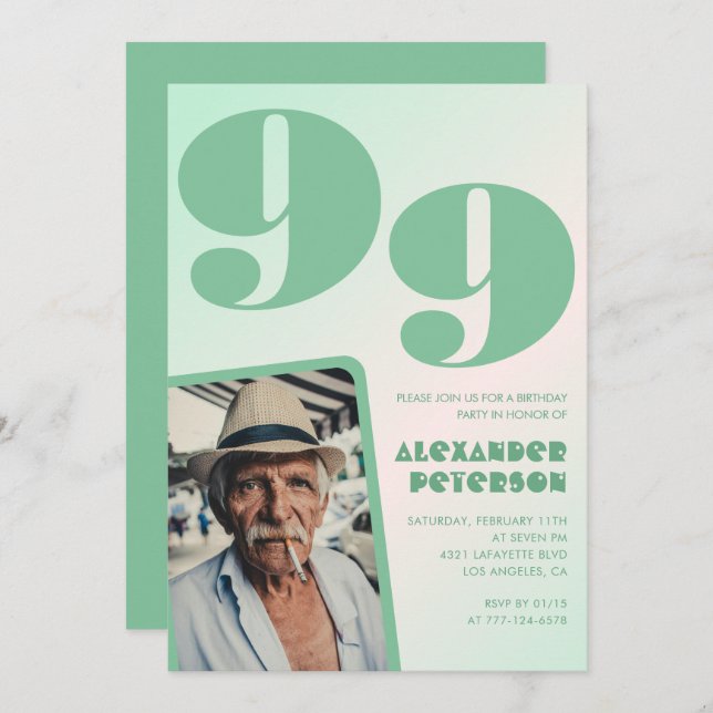 Invitación Gradiente retro para él Foto 99º cumpleaños (Anverso / Reverso)