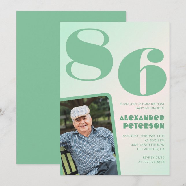 Invitación Gradiente Retro para él Foto cumpleaños 86 (Anverso / Reverso)