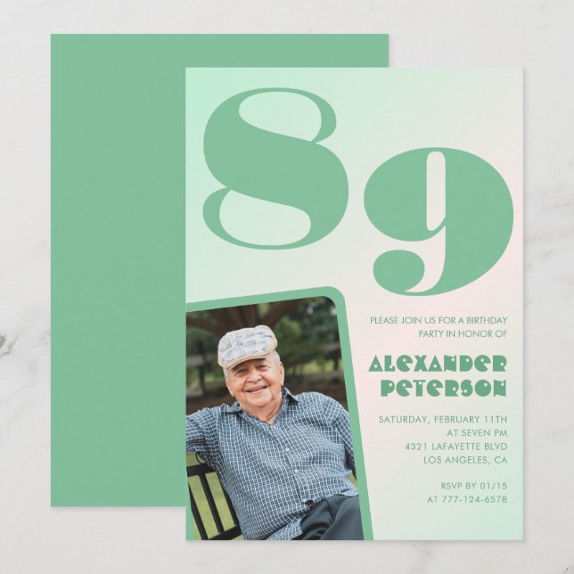 Invitación Gradiente Retro para él Foto cumpleaños 89 (Anverso / Reverso)