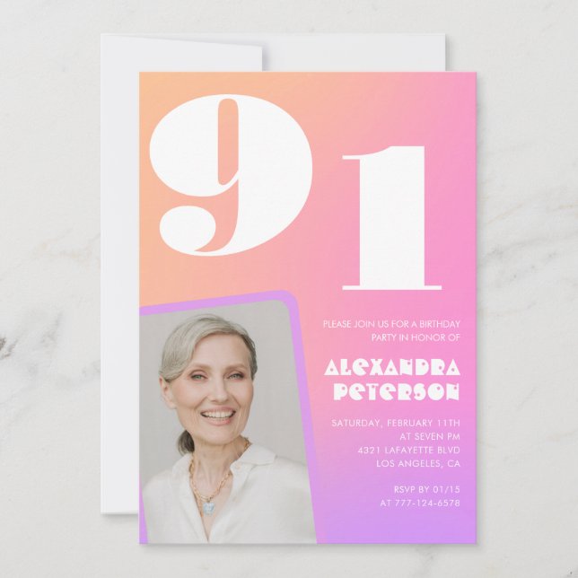 Invitación Gradiente retro Pink 91 cumpleaños (Anverso)