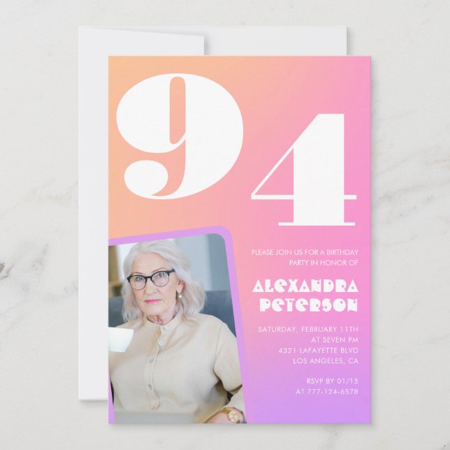 Invitación Gradiente Retro Rosa cumpleaños 94 (Anverso)