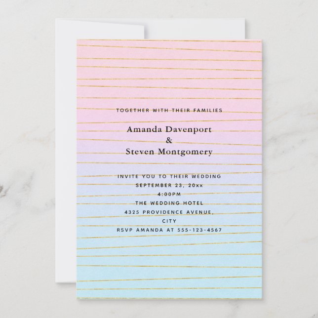 Invitación Gradiente rosa azul pastel con Boda de líneas dora (Anverso)