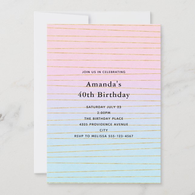 Invitación Gradiente rosa azul pastel con línea dorada Cumple (Anverso)
