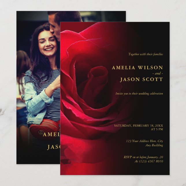 Invitación Gradiente rosa rojo negro con Boda de fotos (Anverso / Reverso)