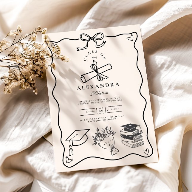 Invitación Grado blanco y negro dibujado a mano (Subido por el creador)