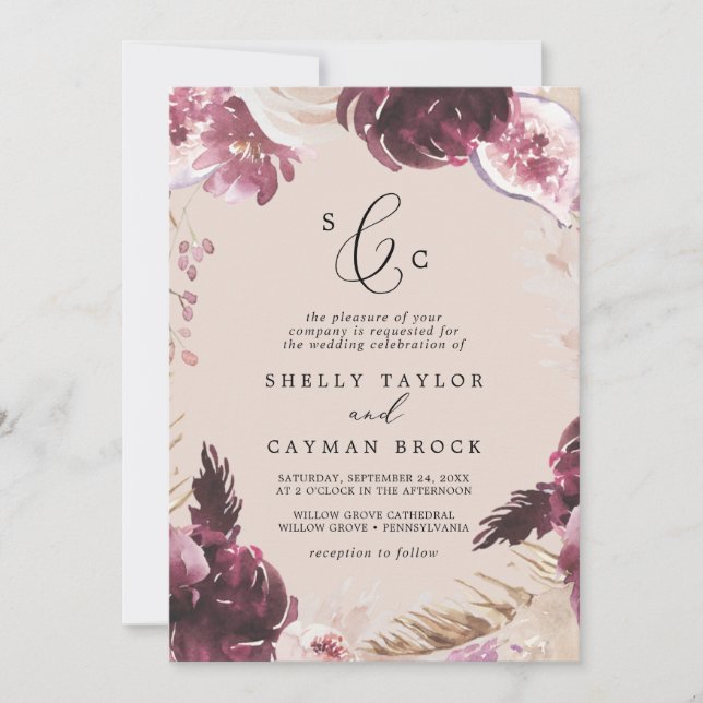 Invitación Grado Boho Pampas | Boda de monograma formal Peach (Anverso)