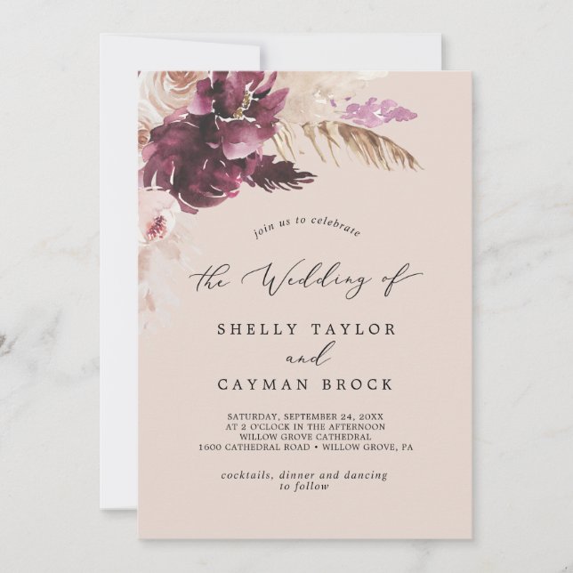 Invitación Grado Boho Pampas | Peach Monogram Back Boda (Anverso)
