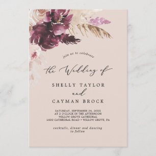 Invitación Grado Boho Pampas   Peach Monogram Back Boda
