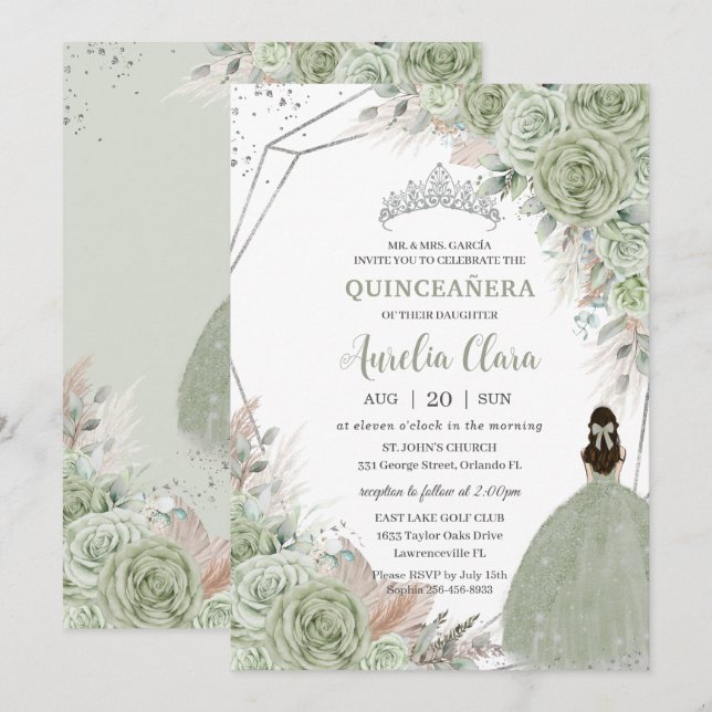 Invitación Grado Boho Quinceañera Sage Green Floral Pampas (Anverso / Reverso)