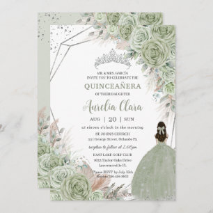 Invitación Grado Boho Quinceañera Sage Green Floral Pampas
