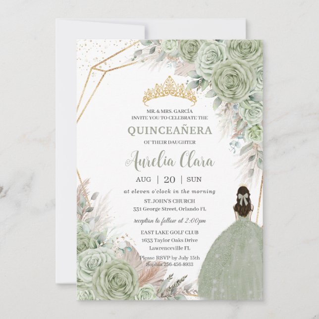 Invitación Grado Boho Quinceañera Sage Green Floral Pampas (Anverso)