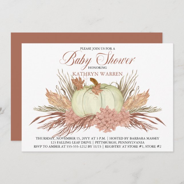 Invitación Grado Boho Rustic Pampas |Baby Shower Chica de cal (Anverso / Reverso)