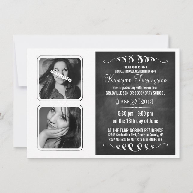 Invitación Grado cromado monocromo de doble foto (Anverso)