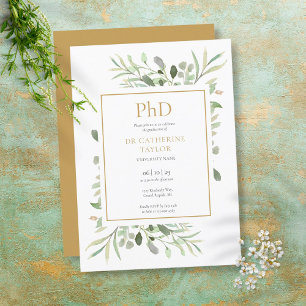 Invitación Grado de Doctor en Acuarela Verde Dorado Graduació