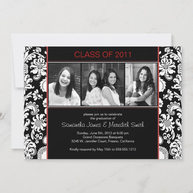 Invitación Grado de franjas de Damasco - Negro/Blanco/Rojo (Anverso)