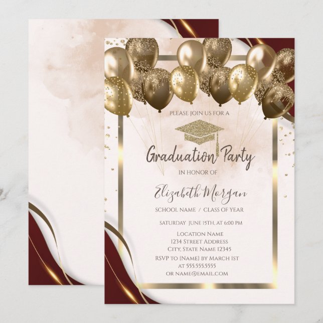 Invitación Grado de oro Cap Balloons Borgoña Graduación de fr (Anverso / Reverso)