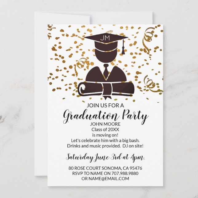 Invitación Grado De Oro Negro Con Fiesta De Graduación De Con (Anverso)