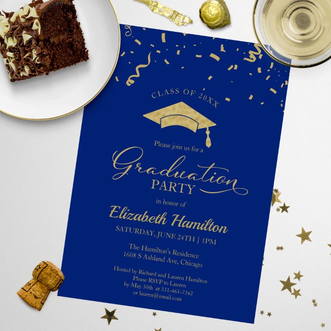 Invitación Grado de secundaria Fiesta Gold Confetti Blue (Subido por el creador)