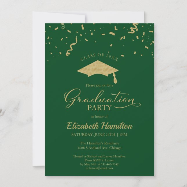 Invitación Grado de secundaria Fiesta Gold Confetti Green (Anverso)