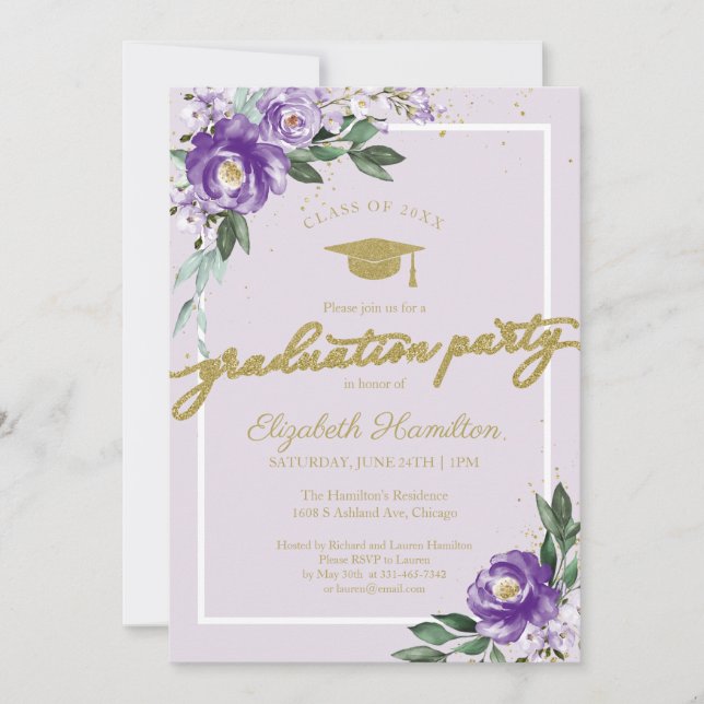 Invitación Grado de secundaria Fiesta Purple Floral (Anverso)