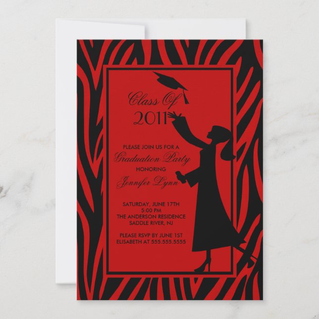 Invitación Grado de silueta de graduación de cebra roja (Anverso)